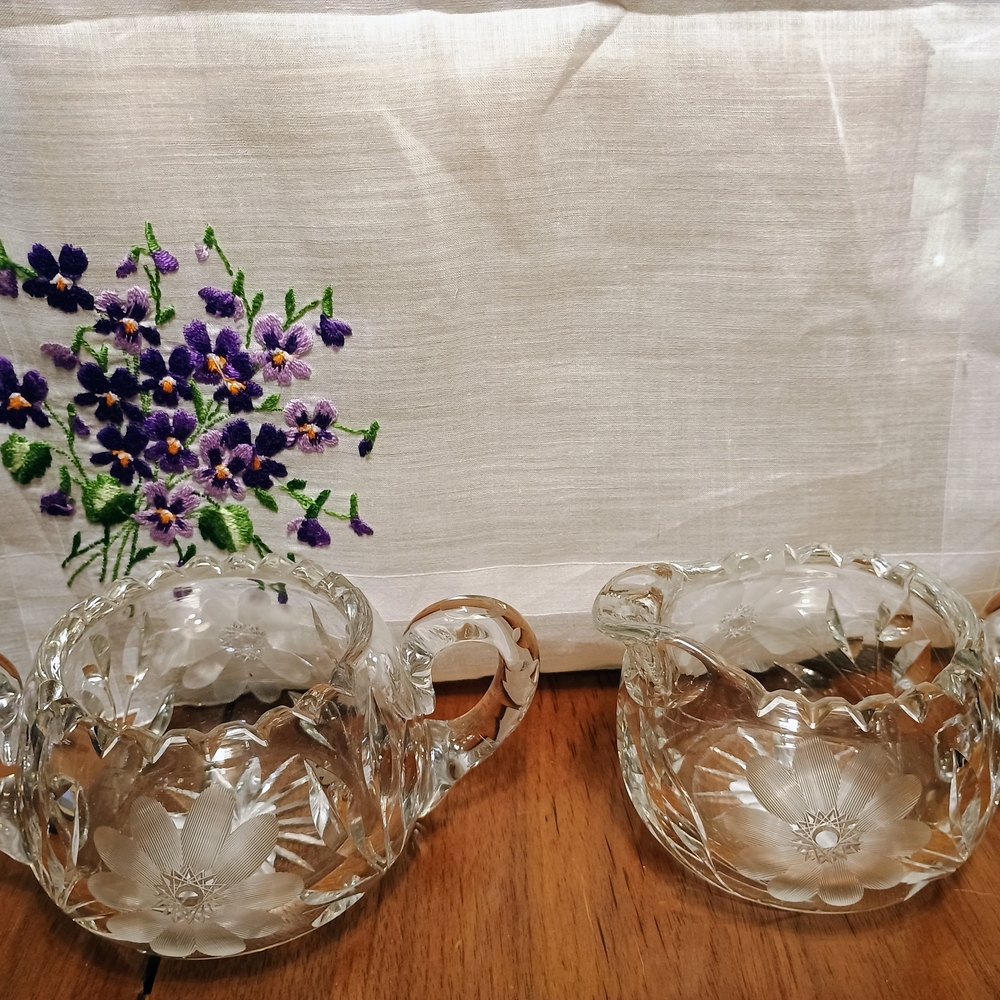Victorian antique Etched Crystal Sugar and Cream Set